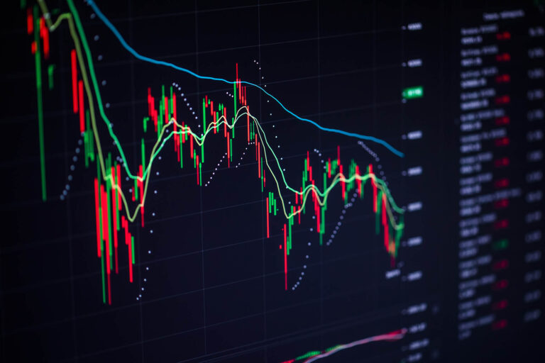 Stock charts on the monitor close up. Finance and stock exchange concept.
